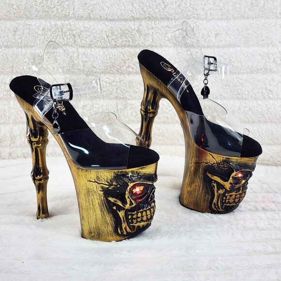 Brass Skull & Bones Red LED Platform 8" Heels Pole Shoes Vortex - Picture 1 of 11
